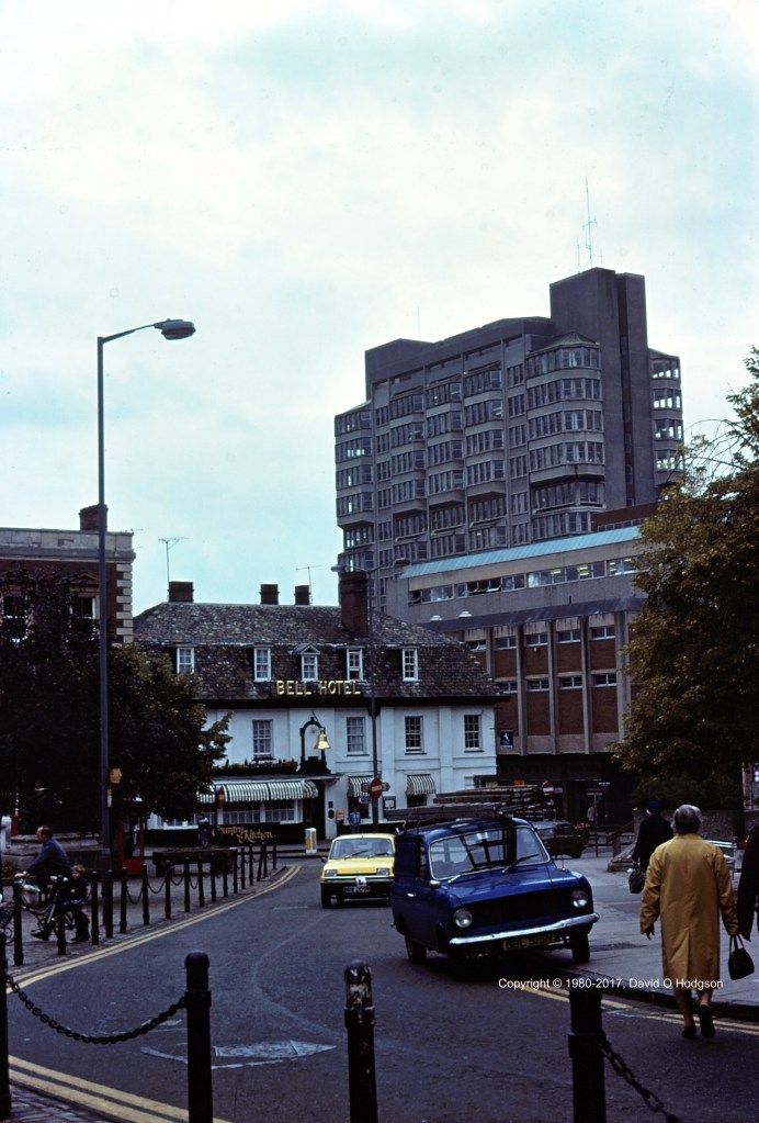 The Bell Hotel, Aylesbury, with the Buckinghamshire County Offices beyond, in 1980