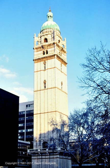 Queens Tower, Imperial College, in snow, 1981