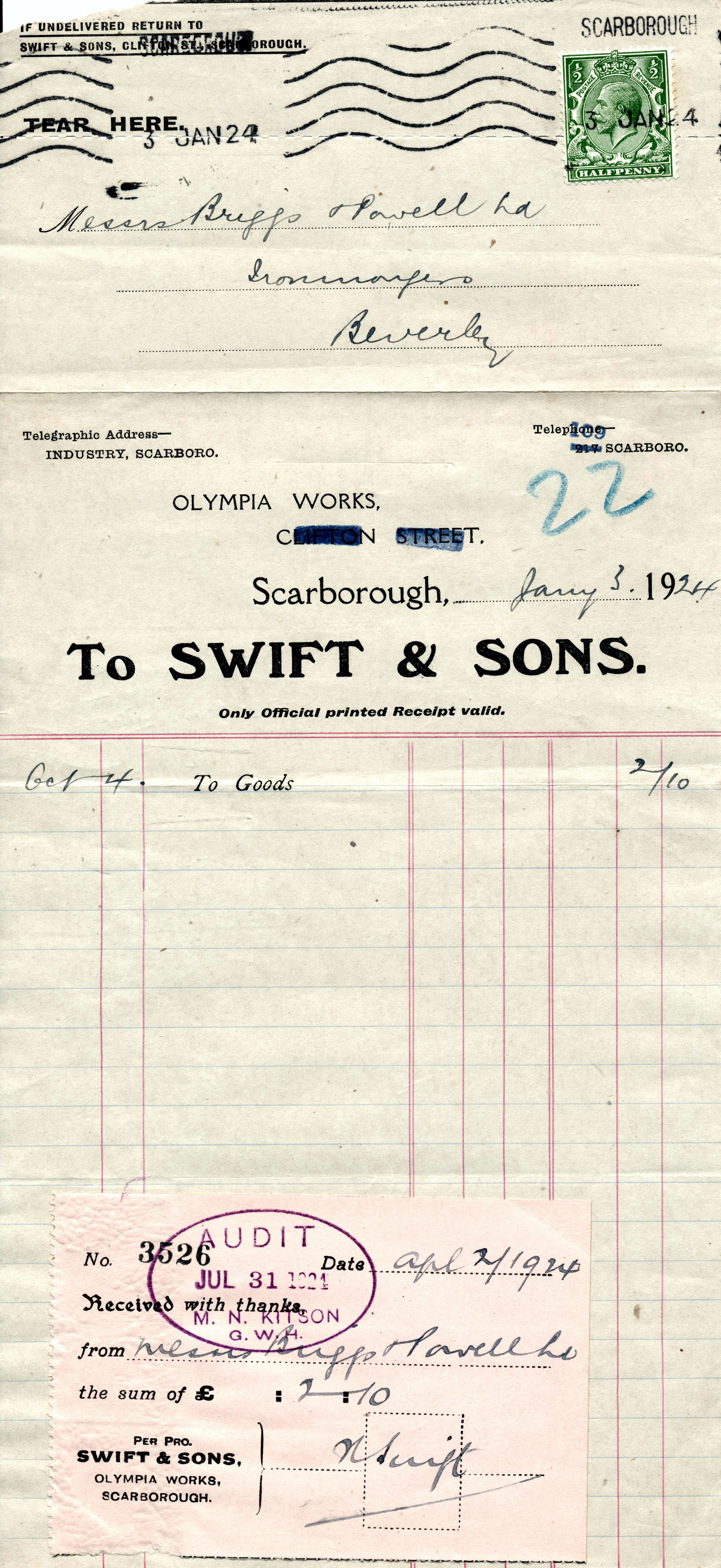 Swifts of Scarborough Invoice, 1924
